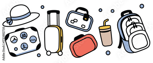 Collection of travel items including hat suitcase backpack and drink cup vacation