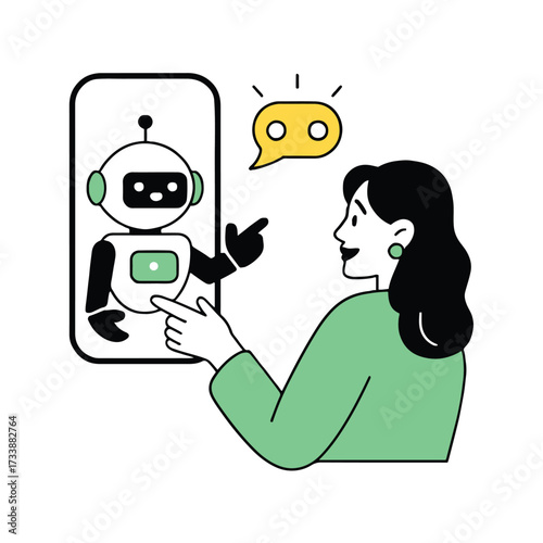 Vector art of a woman interacts with a robot on a smartphone, the scene is clean and modern, highlighting technology and communication