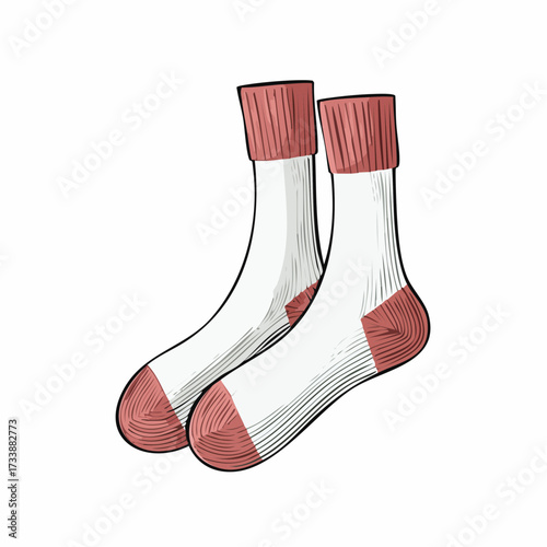 A hand-drawn illustration of a pair of white socks with red cuffs, heels, and toes, depicted in a classic sketch style against a white background.