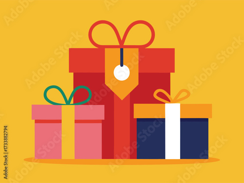 Three colorful gift boxes with ribbons on a yellow background