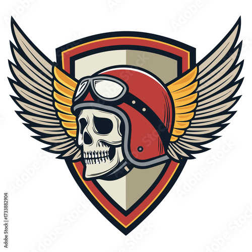 A vintage motorcycle skull emblem with wings and a shield.1.