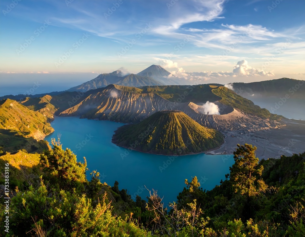 Naklejka premium Volcanic caldera lake at sunset, vibrant turquoise water, lush green slopes, and hazy mountains in the distance