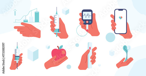 Hands holding medical devices and health symbols on light blue background vector
