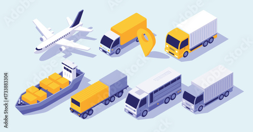 Isometric airplane cargo ship and trucks with yellow and white containers transport