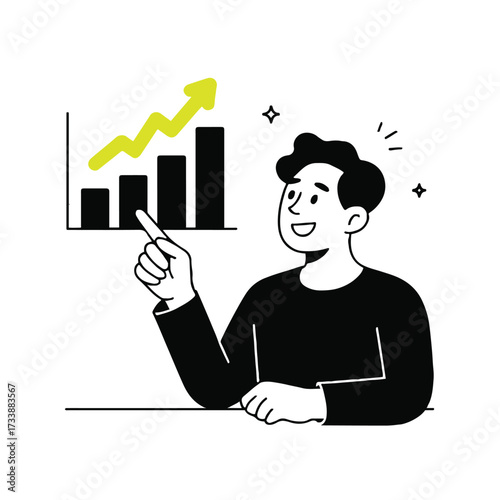 Vector art of a cheerful man points to a bar graph with an upward trending arrow, symbolizing business growth and success
