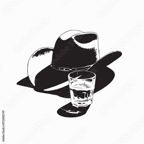 Western Style Cowboy Hat Beside Mineral Water Glass Vector isolated on white background