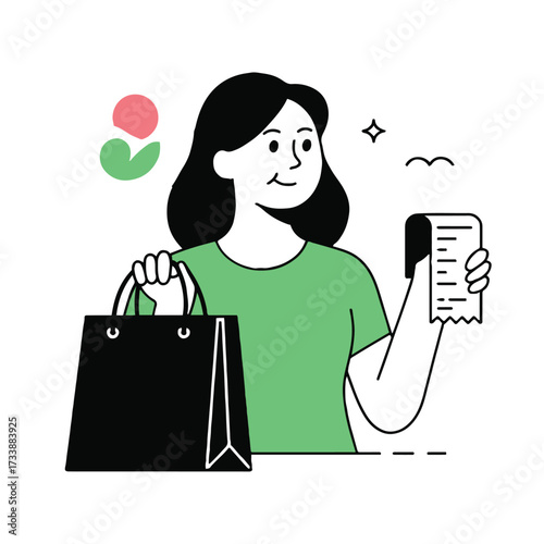 Vector art of a cheerful woman is holding a shopping bag and a receipt, she seems happy with her purchase and is smiling contentedly