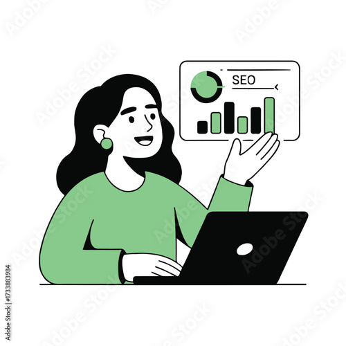 Vector art of a woman is presenting seo data on a laptop, she is explaining the information with a smile and a confident gesture