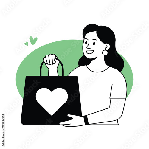 Vector art of a woman is holding a shopping bag with a heart, she is smiling and seems happy with her purchase, feeling love and satisfaction