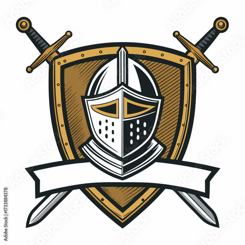 A knight's helmet and crossed swords on a shield with a banner.