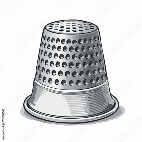 A detailed, classic illustration of a silver metal sewing thimble with a dimpled surface and a smooth rim, isolated on a white background.