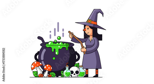 Cartoon witch stirring a bubbling green potion in a cauldron with mushrooms and skull.