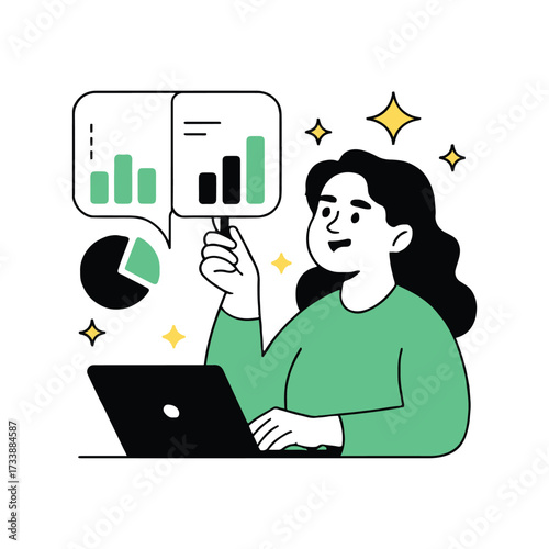 Vector art of a woman analyzing data on a laptop, holding a chart she is smiling and looking at the data, making business decisions
