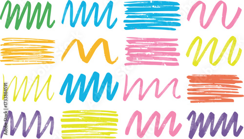 Vector art of colorful crayon strokes in various patterns and shapes