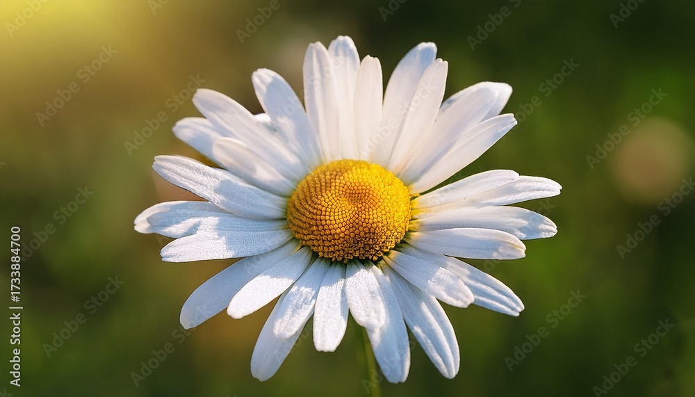 Fototapeta premium Close Up Of Oxeye Daisy Leucanthemum Vulgare Bloom With White Petals And Yellow Center On Green Meadow Background N Wildflower Symbol Of Simplicity And Natural Beauty