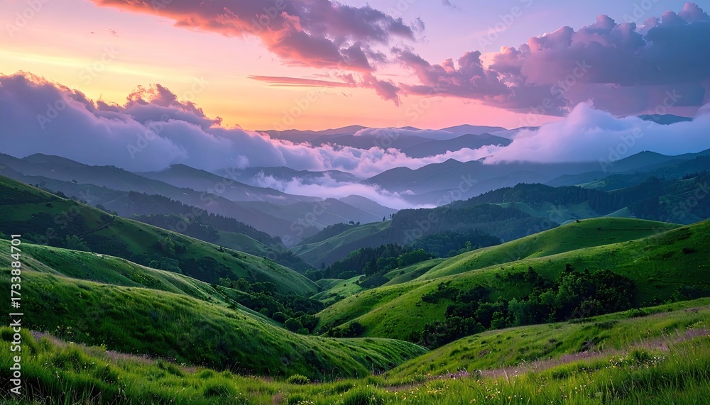 Fototapeta premium Serene Mountain Landscape with Lush Green Hills at Golden Hour with Pastel Skies and Foggy Valleys Creating a Peaceful Atmospheric Vista