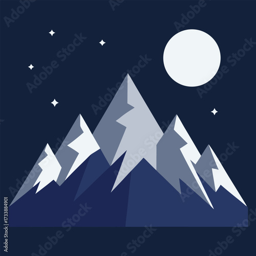 Jagged mountain range under a dark night sky with moon and stars