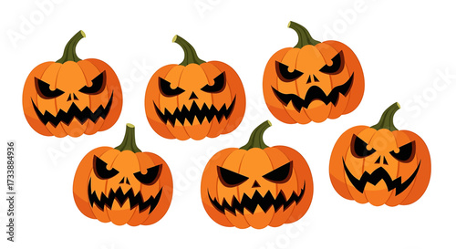 A collection of six illustrated Halloween pumpkins with evil, scary carved faces on a white background.