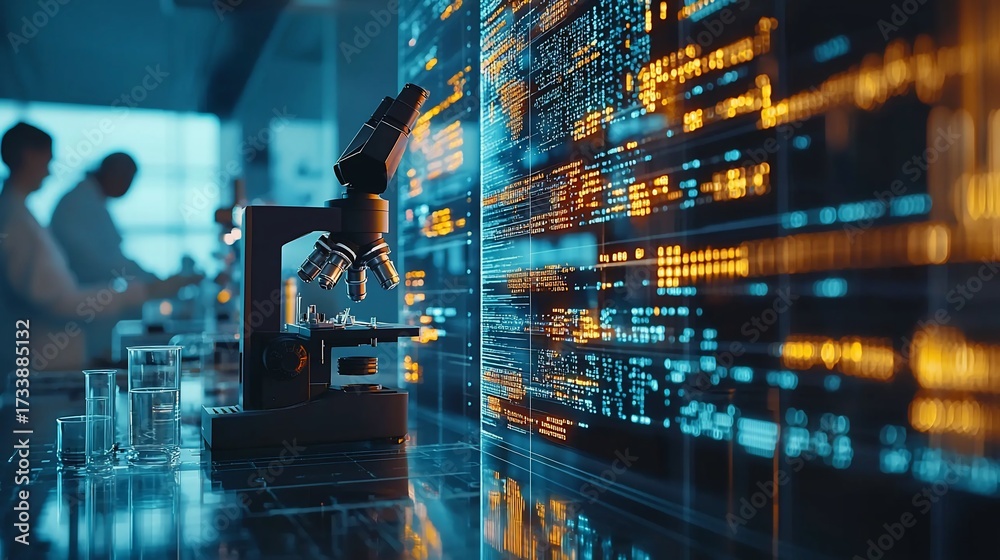 Obraz premium Science lab with microscope, scientists, data, and code display. Futuristic research