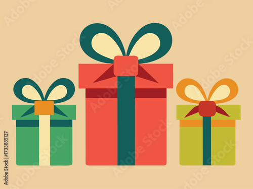 Three colorful gift boxes with ribbons and bows on a plain background