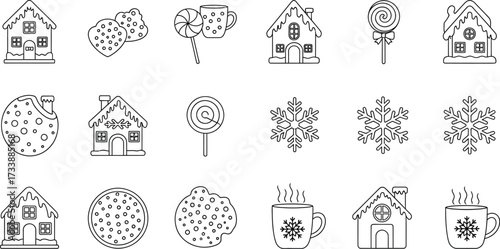 Festive Christmas doodles featuring gingerbread houses and snowflakes
