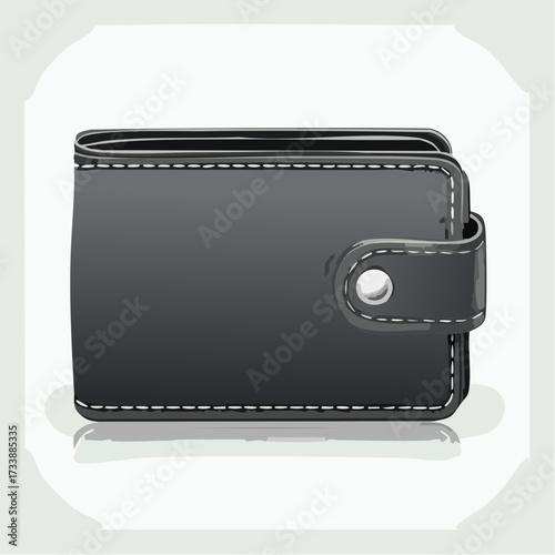 A detailed illustration of a closed black leather wallet with a button clasp, reflecting on a surface.