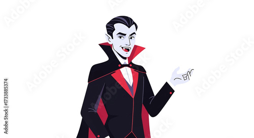 A cartoon illustration of a vampire, dressed in a formal suit, with a cape, and fangs.