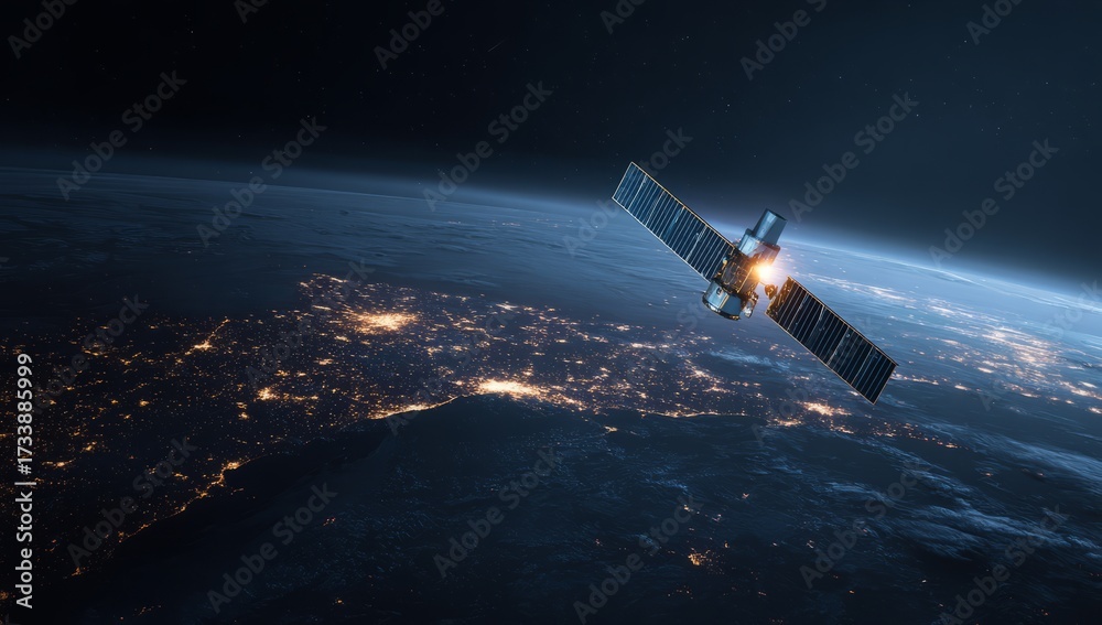 Fototapeta premium Satellite Orbiting Earth at Night Illuminated by City Lights