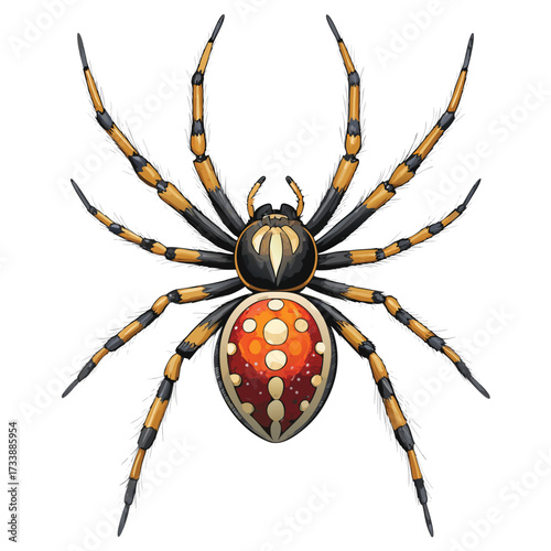 Detailed illustration of a colorful orb weaver spider on white background.