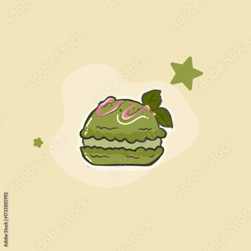 matcha tea macaron illustration sticker icon