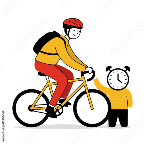 Cartoon cyclist on yellow bike with clock illustration
