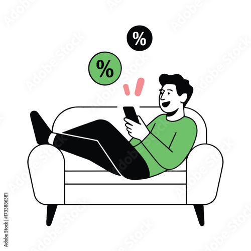 Vector art of a cheerful man relaxes on a couch, engrossed in his phone, as percentage symbols float above, it is a scene of leisure and technology