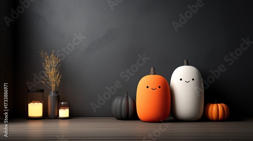 Cute cartoon pumpkins and ghost characters on a dark grey background in a minimalistic style with smiley faces and modern smooth simple shapes