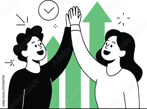 Vector art of two colleagues celebrate a successful project with a high five, symbolizing teamwork and achievement, arrows point upwards