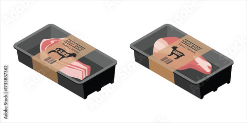 Fresh meat collection. Container with lamb and goat meat