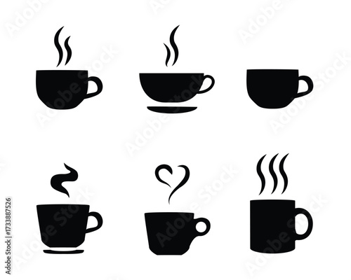 Coffee cup vector icon set. Cups of coffee or tea collection. Hot drink icon. Disposable cup. Cup coffe with steam