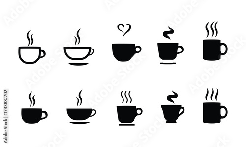 Coffee cup vector icon set. Cups of coffee or tea collection. Hot drink icon. Disposable cup. Cup coffe with steam