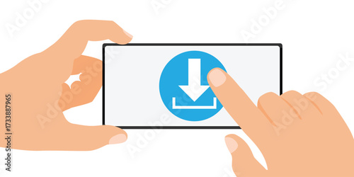 Hands holding smartphone with download symbol on display