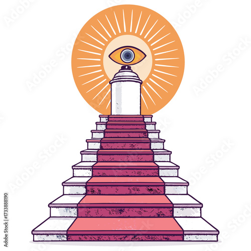 An all-seeing eye on a pedestal atop stairs under a sun.