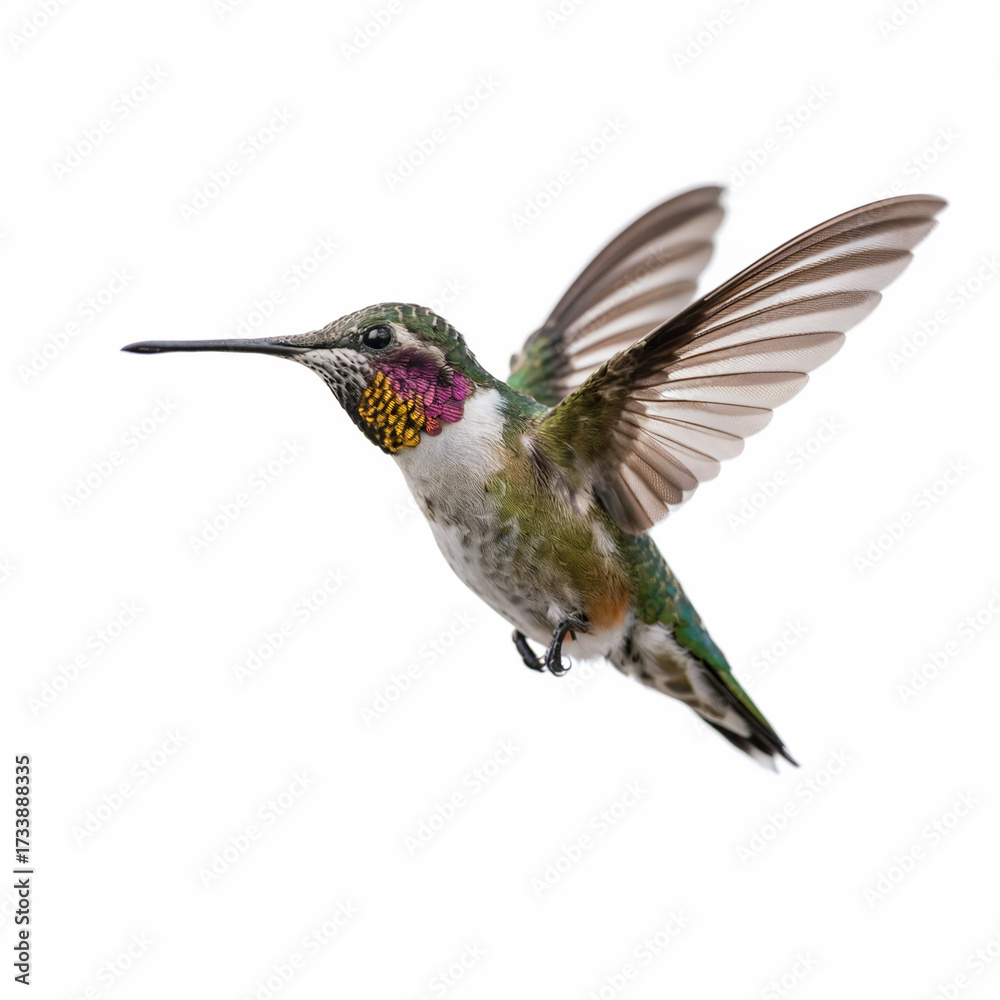 Fototapeta premium Tiny colorful hummingbird flying midair with open wings isolated white