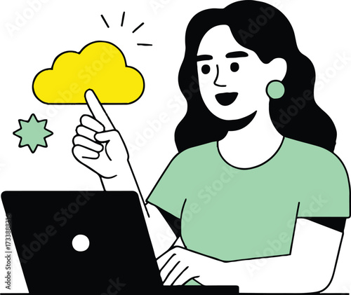Vector art of a woman is using a laptop to access cloud services, she is pointing at a cloud icon, indicating data storage or processing
