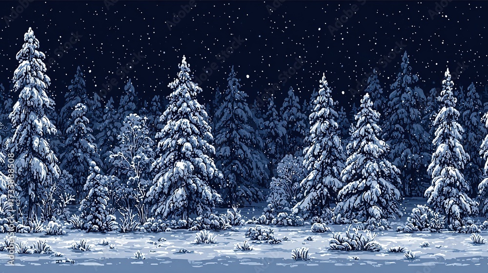 Naklejka premium Snowy pine forest at night, with falling snow and starry sky, front view, copy space