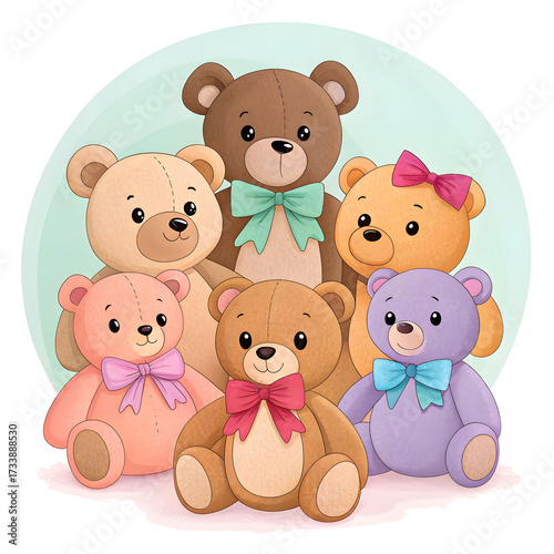 Adorable collection of six plush teddy bears with bows