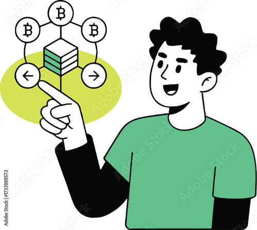 Vector art of a man is pointing at a blockchain network with bitcoin symbols, illustrating the concept of cryptocurrency and decentralized technology