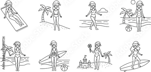 Collection of girls in Santa hats on the beach, enjoying summer vacation
