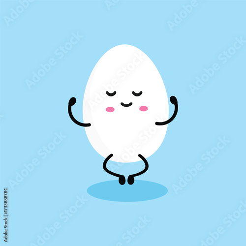 Egg character in lotus pose, isolated on blue background. Keep calm concept. Cute boiled egg with kawaii funny cartoon face