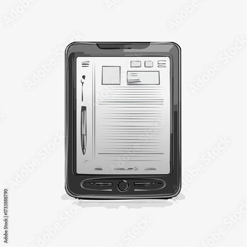A monochrome sketch of a modern e-reader tablet displaying a document and a stylus on its screen.
