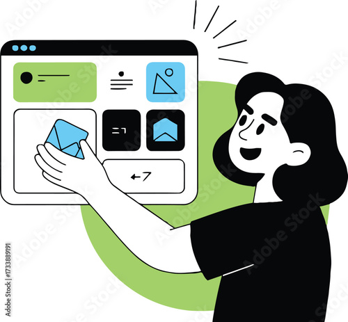 Vector art of a woman is interacting with a dashboard, managing emails and tasks, showcasing a userfriendly interface