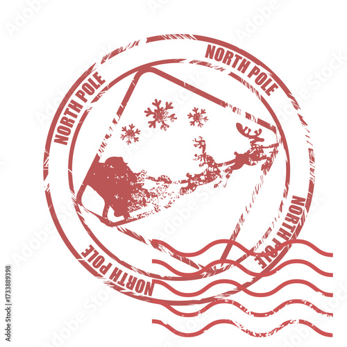 Santa Claus air mail grunge rubber postal stamp. Christmas mail stamp. Vintage postmark design for holiday winter mail. Christmas stamp tag with Santa Claus and reindeer silhouettes. Vector illustrati