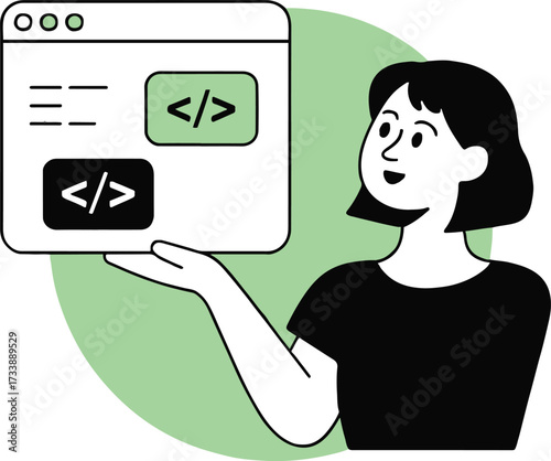 Vector art of a woman is presenting a code interface, highlighting software development and programming skills, showcasing a technical expertise